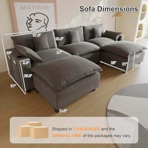 Modular Sectional Sofa, Cloud Couch with Ottoman, Charging Station, Throw Pillows, Cup Holders, Modern Convertible U Shaped Couches for Living Room