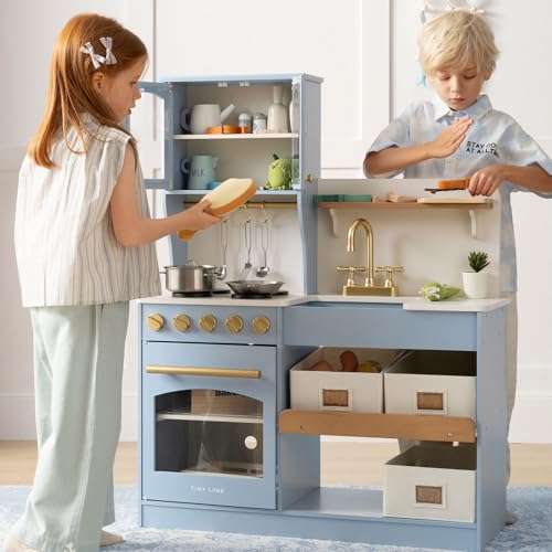 Tiny Land Play Kitchen for Kids with Enhanced Storage – Modern Toddler Kitchen Playset with Stove, Sink & Accessories, Organized Wooden Toy Kitchen