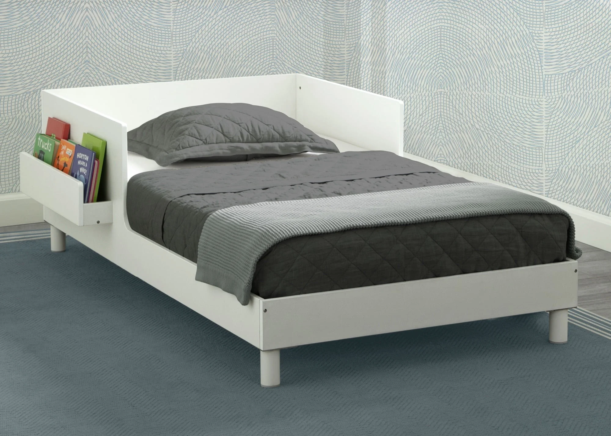 Delta Children Sleep N Store Toddler Bed with Interchangeable Shelf (Choose from Rainbow, Dinosaur or White Shelf), White
