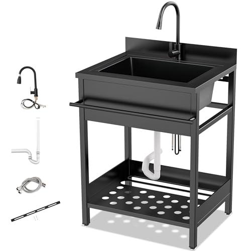 26 Inch Utility Sink, 304 Stainless Steel Sink Free Standing Sink with Cold and Hot Water Pull-out Faucet, Heavy Duty Laundry Sinks for Workshop