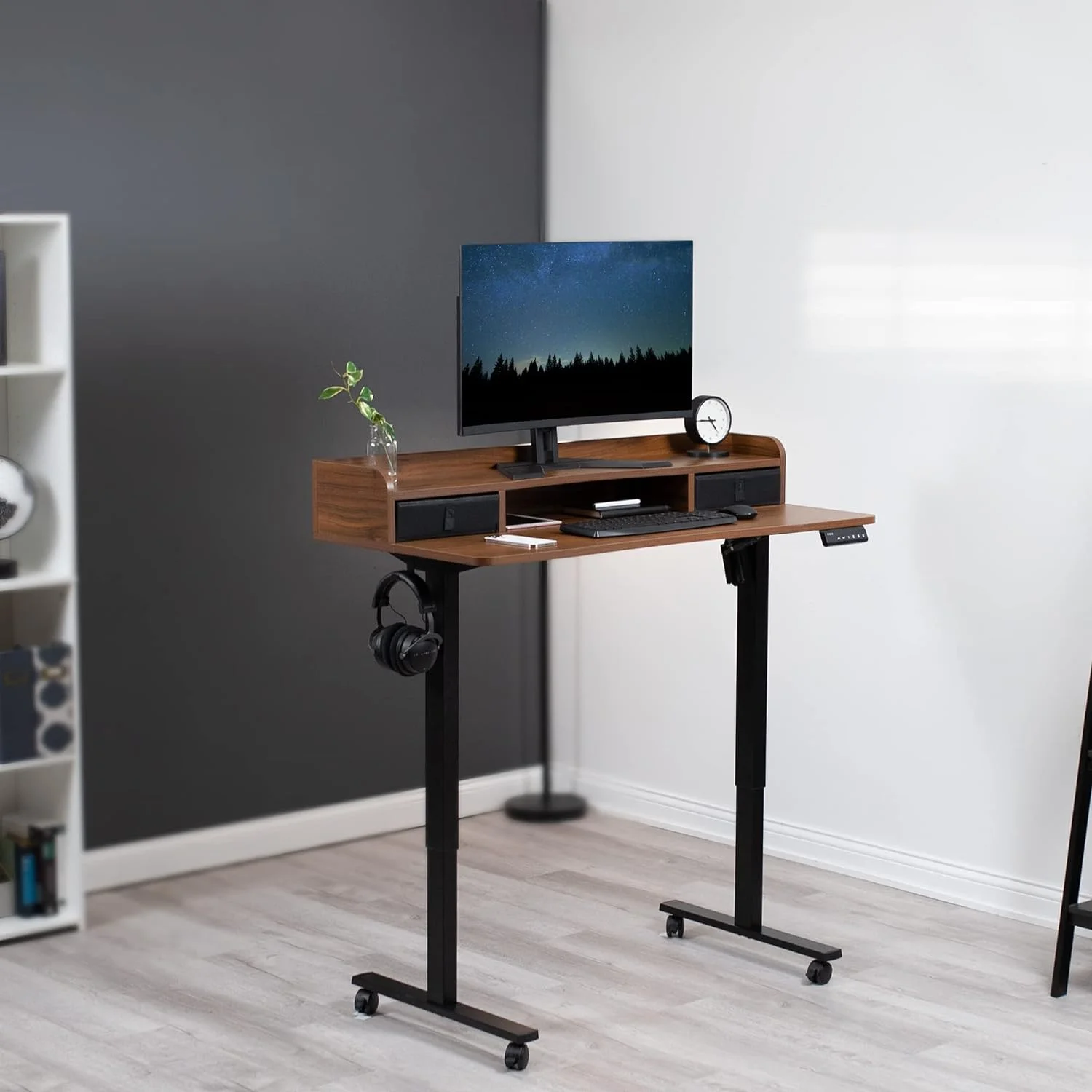 Electric 2-Tier Height Adjustable X 24 Inch Stand Up Desk, Mobile Table With Storage Drawers, Standing Workstation With Memory Controller, Casters