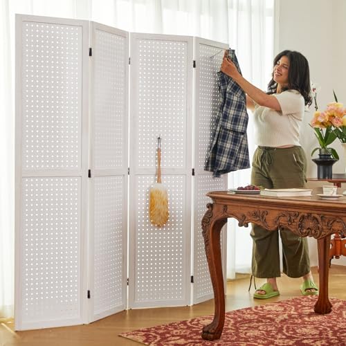 Pegboard Display, 5.6Ft Wooden Room Divider Folding Privacy Screens Portable Freestanding Wall Organizer for Retail Craft Art Display Board (4panels