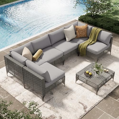 U-MAX 7 Piece Outdoor Patio Furniture Set, PE Rattan Outdoor Wicker Sectional Furniture Chair Set with Cushions and Tea Table