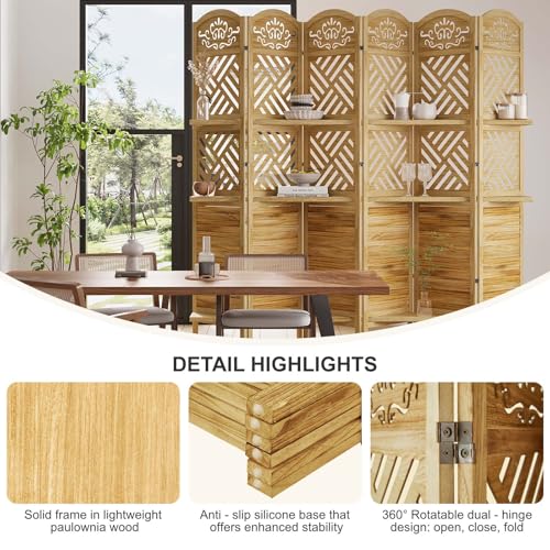 Room Divider with Shelves, 5.75ft Tall Folding Wood Carved Screen with Double Hinges for Home Office Bedroom Hotel Decoration (6 Panels, Natural)