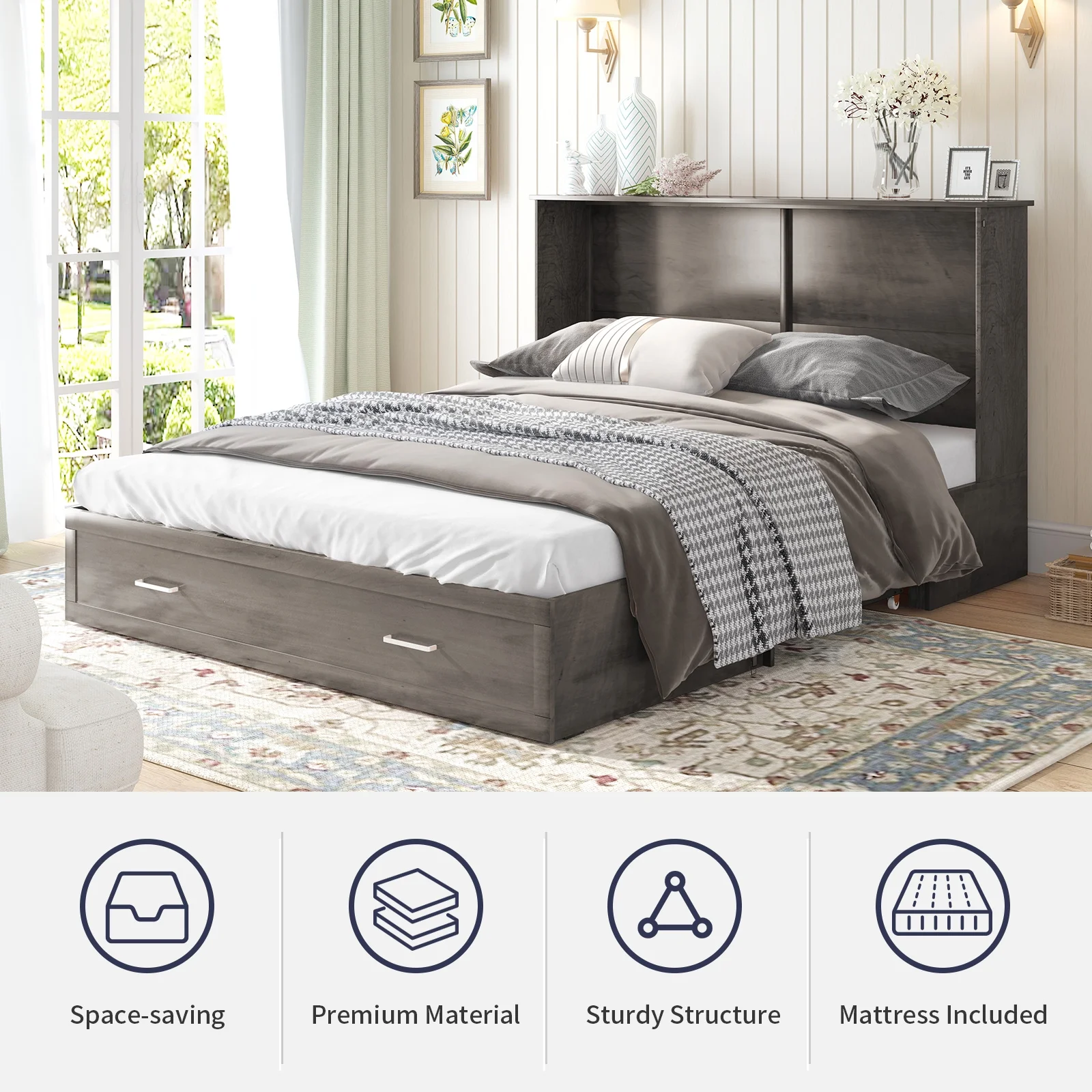 ZAFLY Murphy Cube Cabinet Bed with USB Charging Station, Murphy Bed Cabinet with Large Drawer & Folding Mattress
