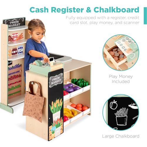 Best Choice Products Pretend Play Grocery Store Wooden Supermarket Toy Set for Kids w/Play Food, Chalkboard, Cash Register, Working Conveyor - Red