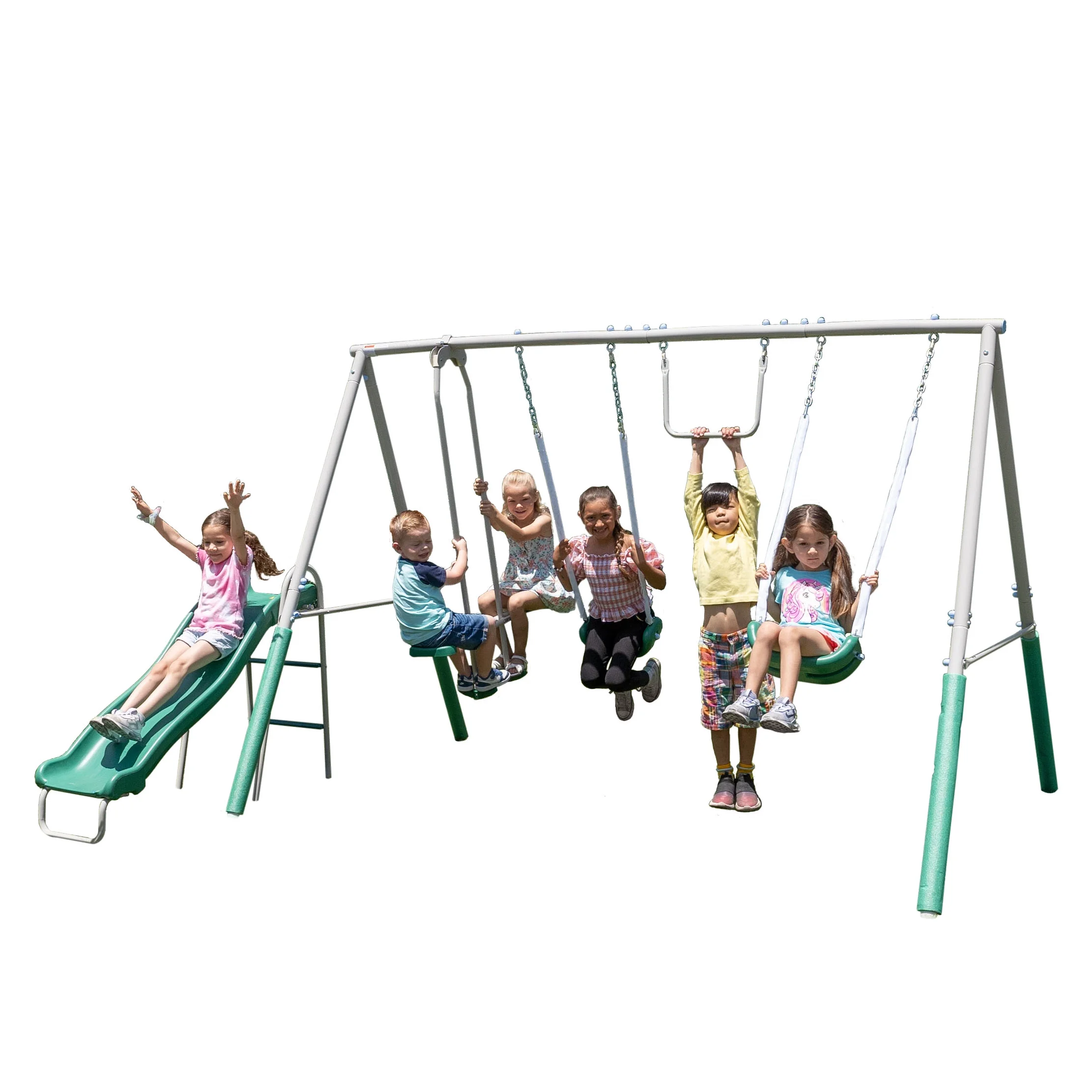 The Swing Company Yonkers Metal Swing Set with Glide Ride Trapeze Bar and 5' Slide