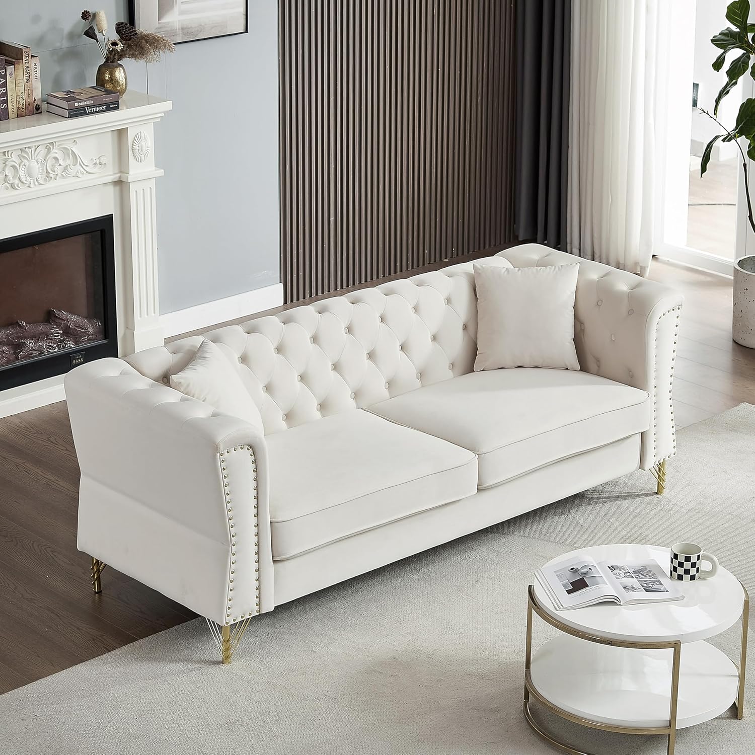 81.8" Chesterfield Sofa Grey Velvet for Living Room, 3 Seater Sofa Tufted Couch with metal foot and Nailhead for Living Room, Bedroom, Office