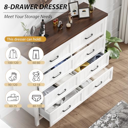 Elegant Farmhouse 8 Drawer Dresser for Bedroom - Large Wooden Double Dressers with Deep Drawers Dressers for Hallway, or Entryway - White & Brown