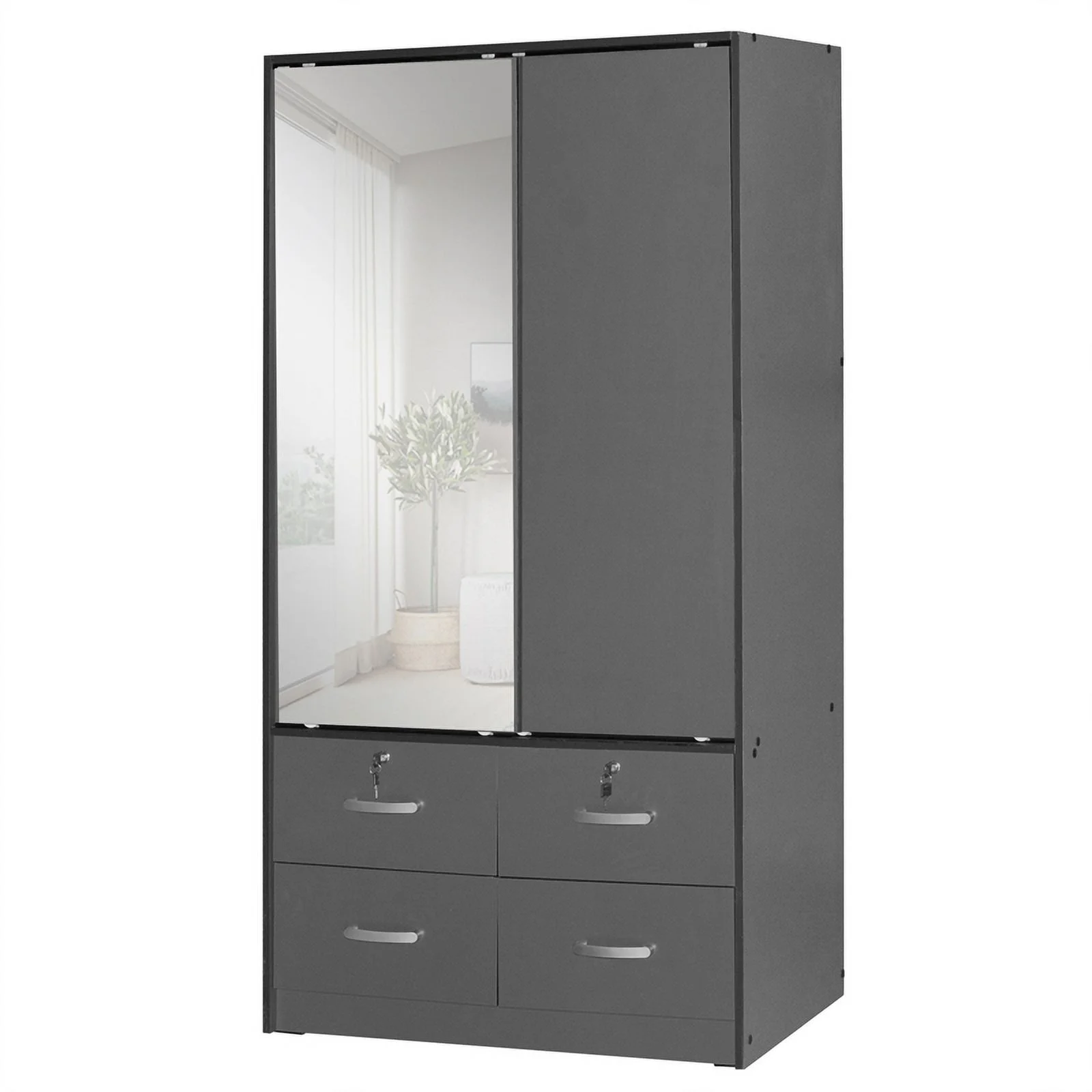 Pemberly Row Double Sliding Door Armoire with Mirror in Dark Gray