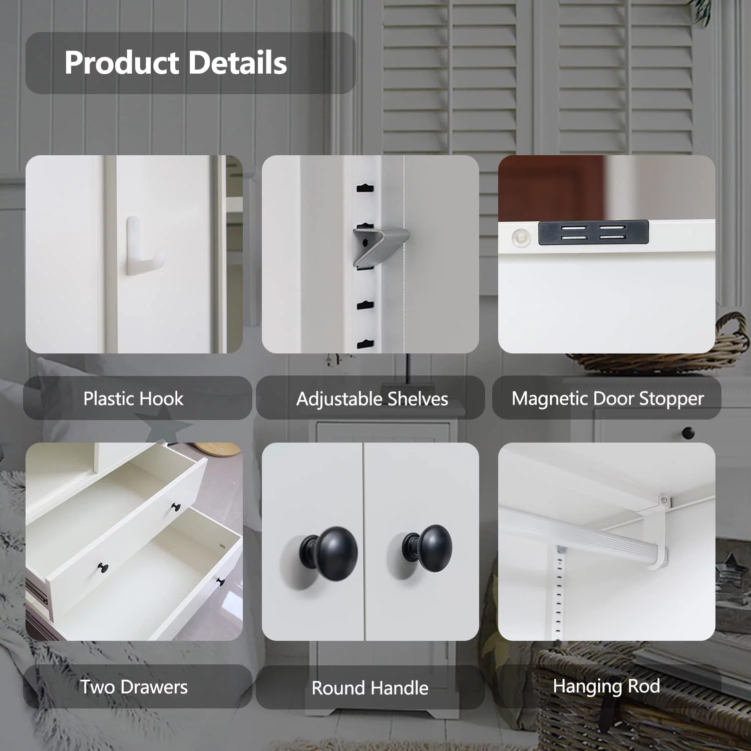 WANHUI Metal Storage Wardrobe with Hanging Rod, Armoire with 2 Doors and 2 Drawers，Steel Wardrobe Closet for Home