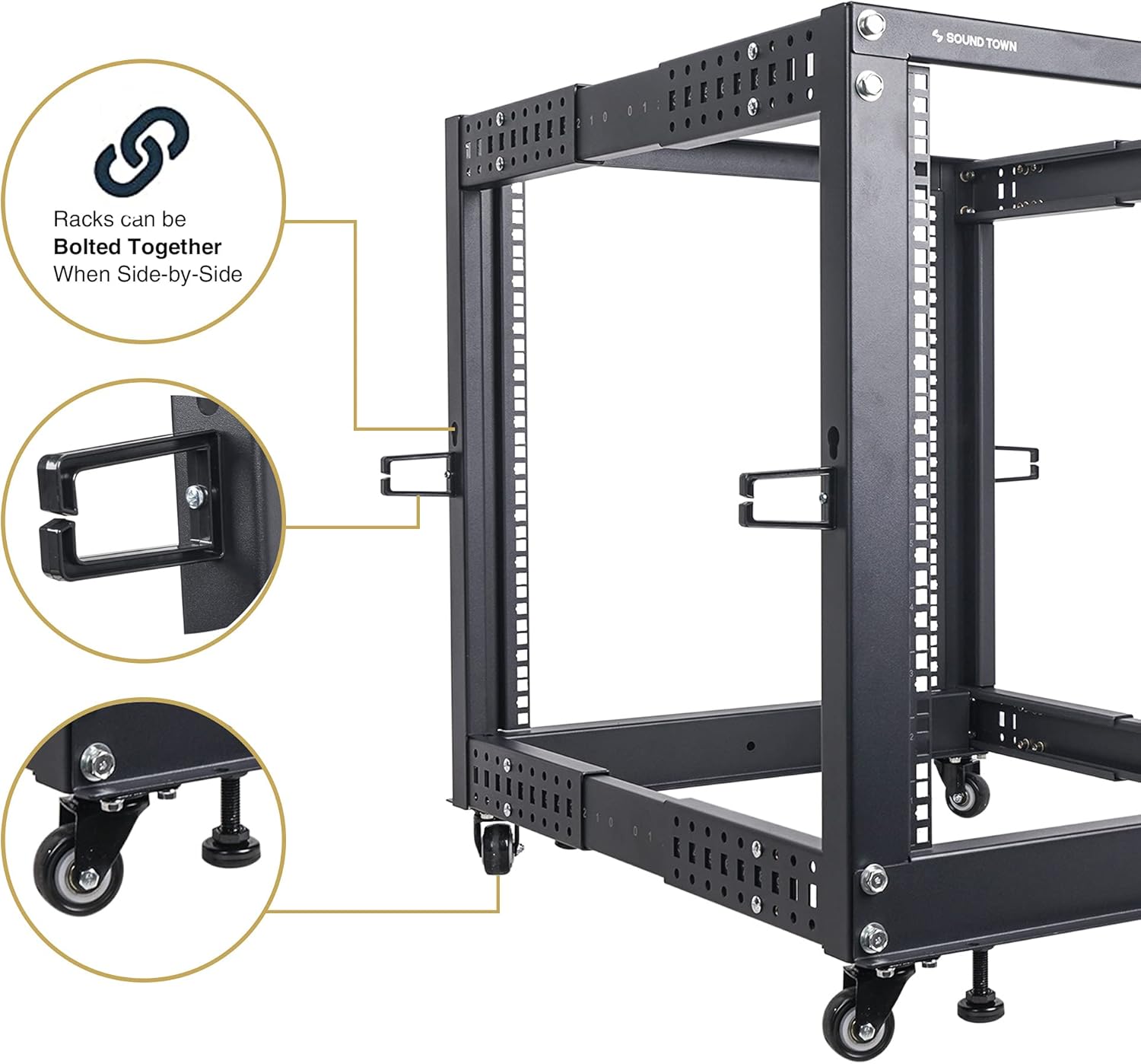Sound Town 4-Post 12U Open Frame Sever and Network Equipment Rack with Adjustable Depth 22-40, Casters, Levelers, Cable Management (ST4POF-A12U)