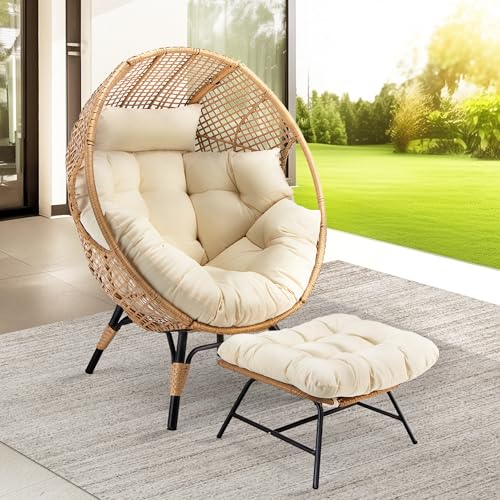 NICESOUL Egg Chair Indoor Outdoor, Large Egg Lounge Chair w/Ottoman, Oversized Comfy Cushioned Brid Cage Seat 440lbs