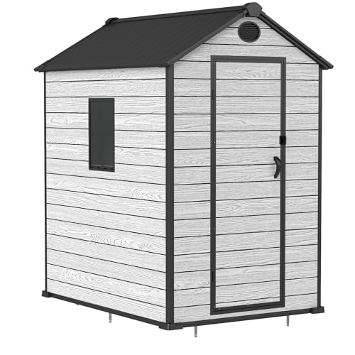 4.4x6 FT Resin Outdoor Storage Shed, 230 Cuft Garden Tool Sheds & Outdoor Storage Plastic Shed with Floor