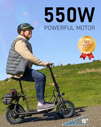 Electric Scooter with Seat, 550W Motor,18.6MPH Top Speed, 20 Miles Range,Adults Electric Scooter with Large Storage Basket for Pets Dogs and Items
