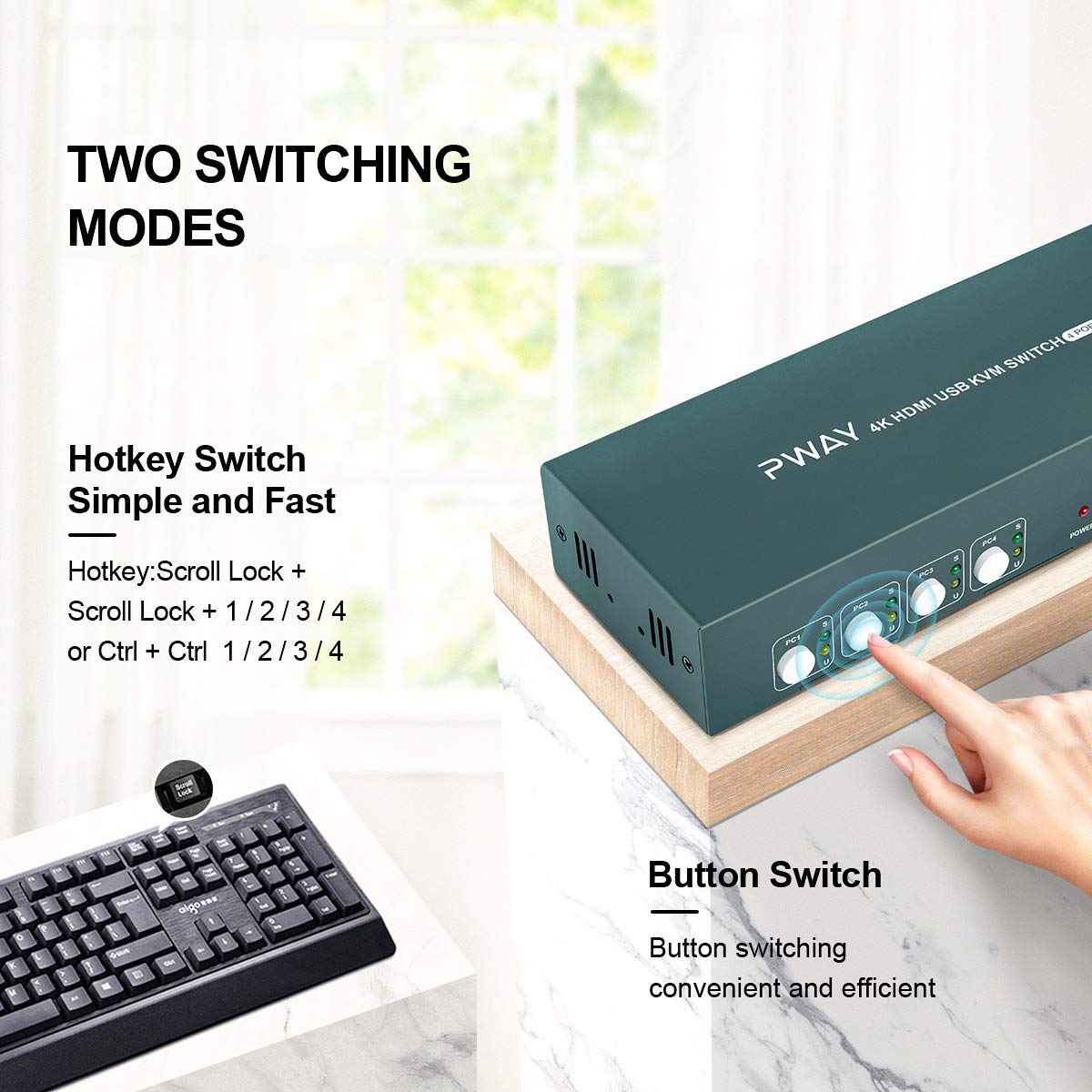 HDMI KVM Switch Dual Monitor Extended Display 4 Port, 2 USB 2.0 Hub, UHD 4K@30Hz YUV4:4:4 Downward Compatible, Hotkey Switch, with All Needed Cables