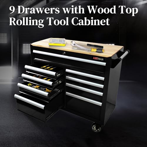 Heavy Duty Rolling Tool Chest with 9-Drawer Wood Top Tool Cart Mechanic Tool Box with Wheels Tool Storage Cabinet Mobile Workbench Tool Bench for