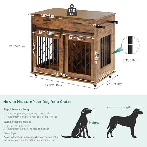 YITAHOME Dog Kennel Furniture for 2 Dogs, 39 inch Double Dog Crate with Storage Drawers, Indoor Wooden Dog House Heavy Duty for 2 Small Medium Dogs