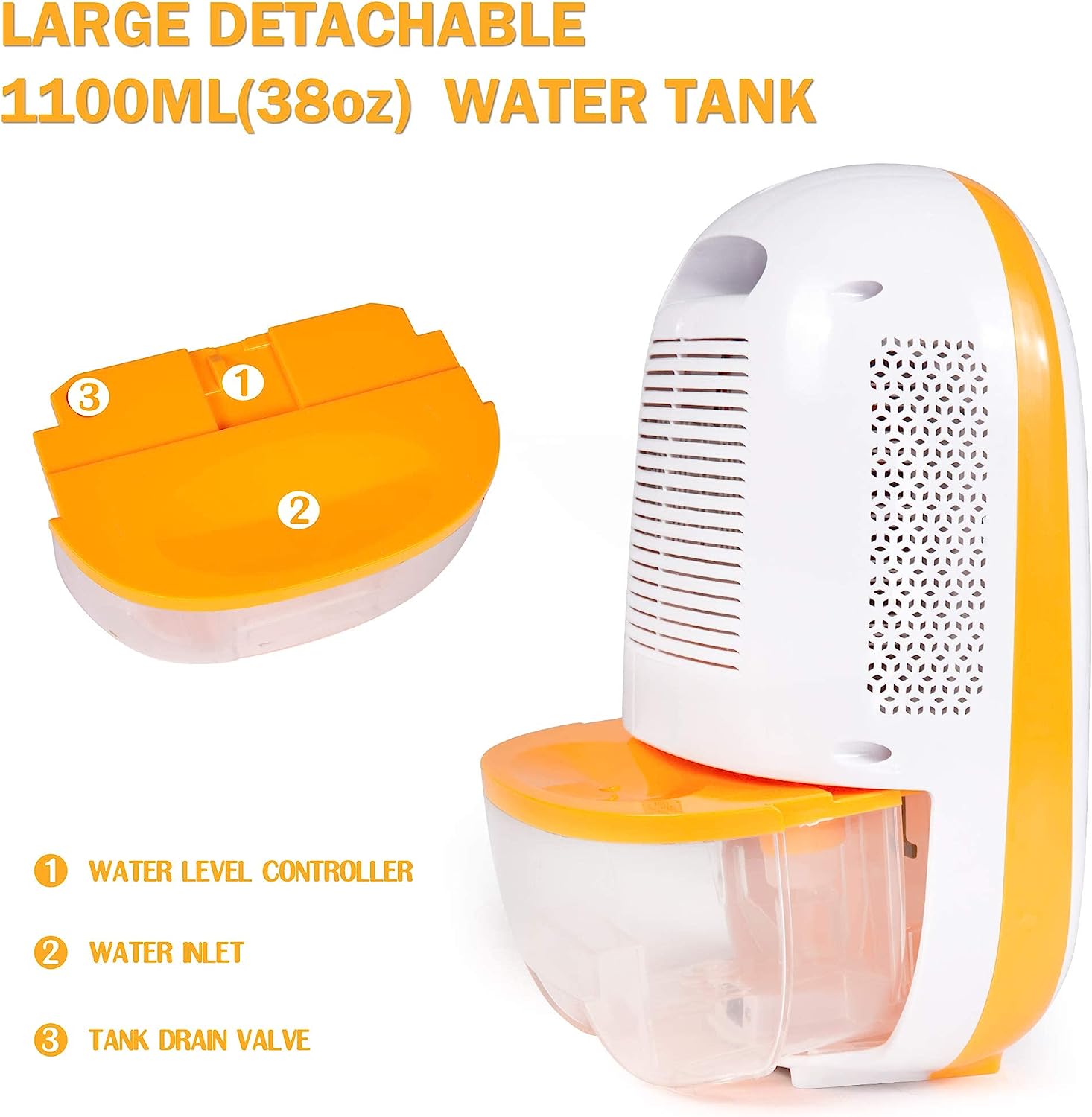 Small Portable Quiet Dehumidifier with Auto Shut-off,1100ml Water Tank, Dehumidifier for Home Basement, Bedroom, Bathroom, Closet RV, Orange