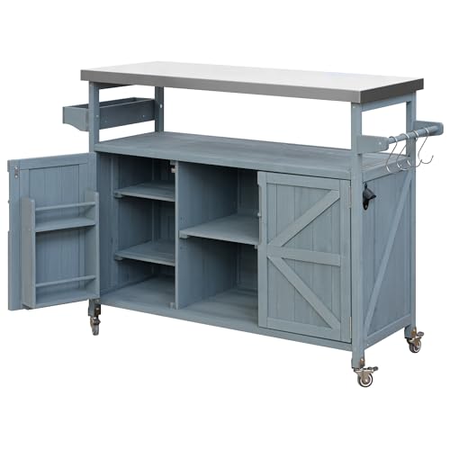Farmhouse Kitchen Island with Power Outlet, Drop Leaf, Spice Rack and Drawer,Rolling Kitchen Cart on Wheels