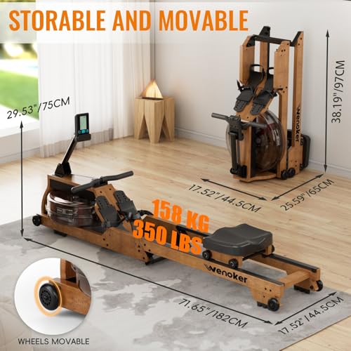 Water Rowing Machine for Home Use, WENOKER Wooden Foldable Rower Machine with Adjustable Monitor & Bluetooth APP