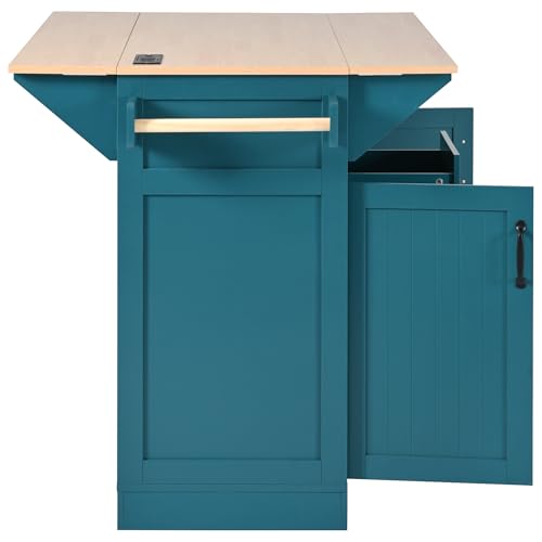 Farmhouse Kitchen Island with Power Outlet, Drop Leaf, Spice Rack and Drawer,Rolling Kitchen Cart on Wheels