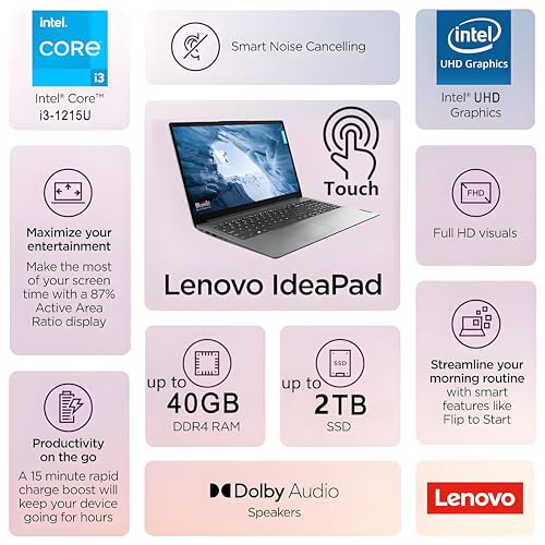 Lenovo Ideapad Touchscreen Laptop Computer for Home Business Student, 15.6" FHD, 40GB DDR4 RAM, 1TB PCIe SSD, Intel 6-Core CPU (Beat i5-1155G7)