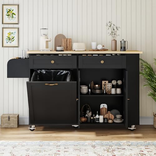 67’’ Movable Kitchen Island with Drop Leaf and Power Outlet, Lockable Sliding Countertop Rolling Island Cart with 2 Large Drawers, Spice, Towel Rack