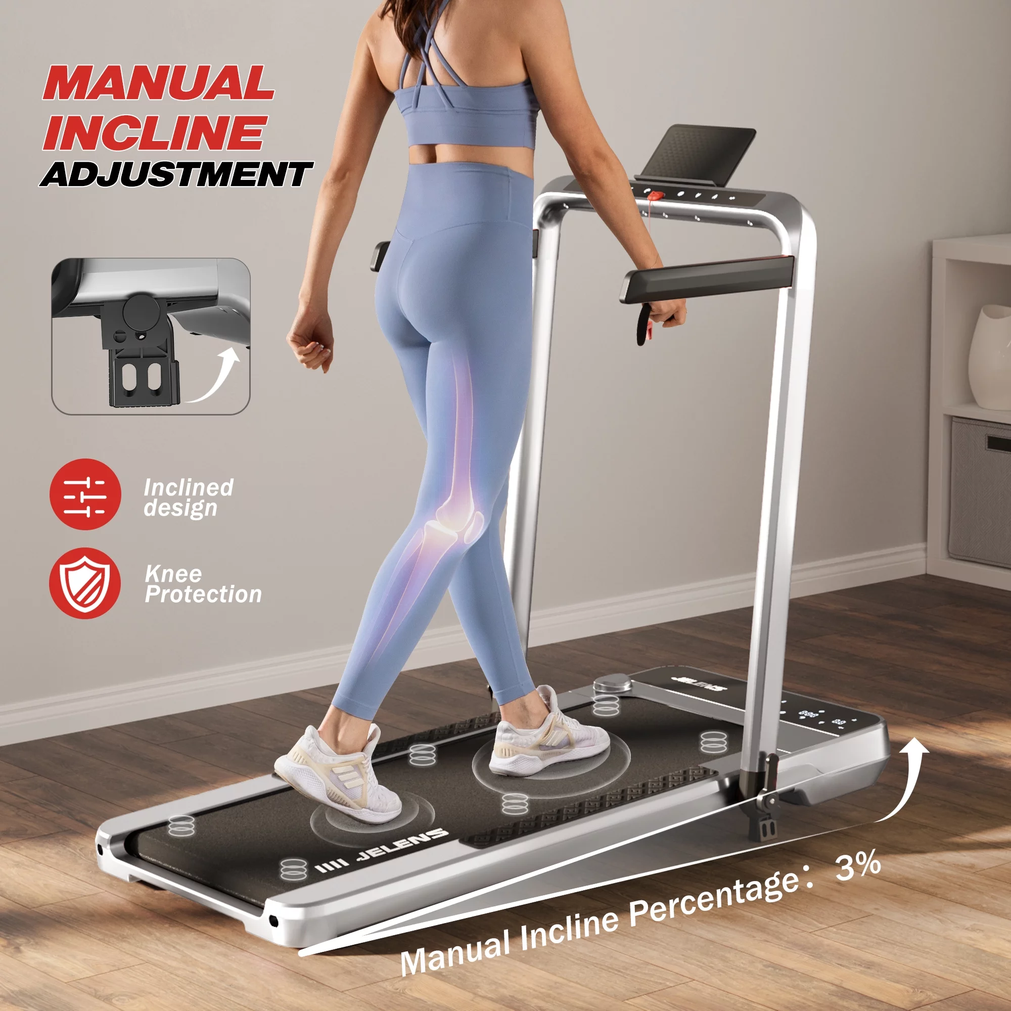 JELENS 2 in 1 Incline Treadmill Under Desk Walking Pad 2.5HP Home Folding Treadmills with Gesture Sensing Control
