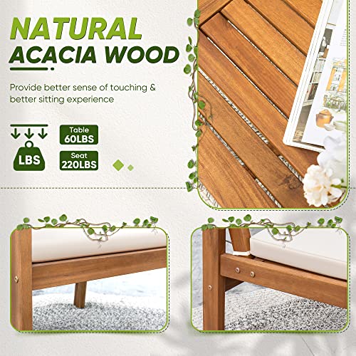 Flamaker Patio Chairs 3 Piece Acacia Wood Patio Furniture with Coffee Table & Cushions Outdoor Conversation Set Balcony Chairs for Porch, Deck