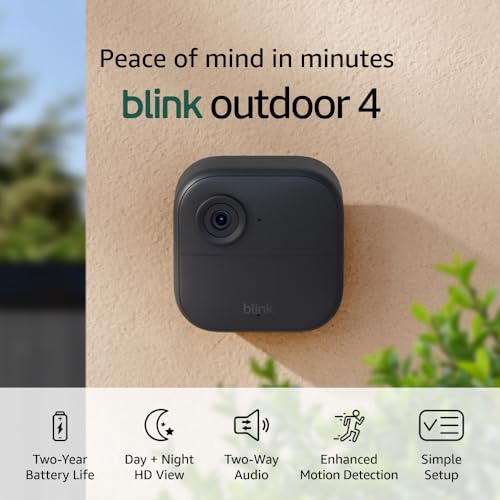 Blink Outdoor 4 (newest model), Wire-free smart security camera, two-year battery life, two-way audio, HD live view, enhanced motion detection