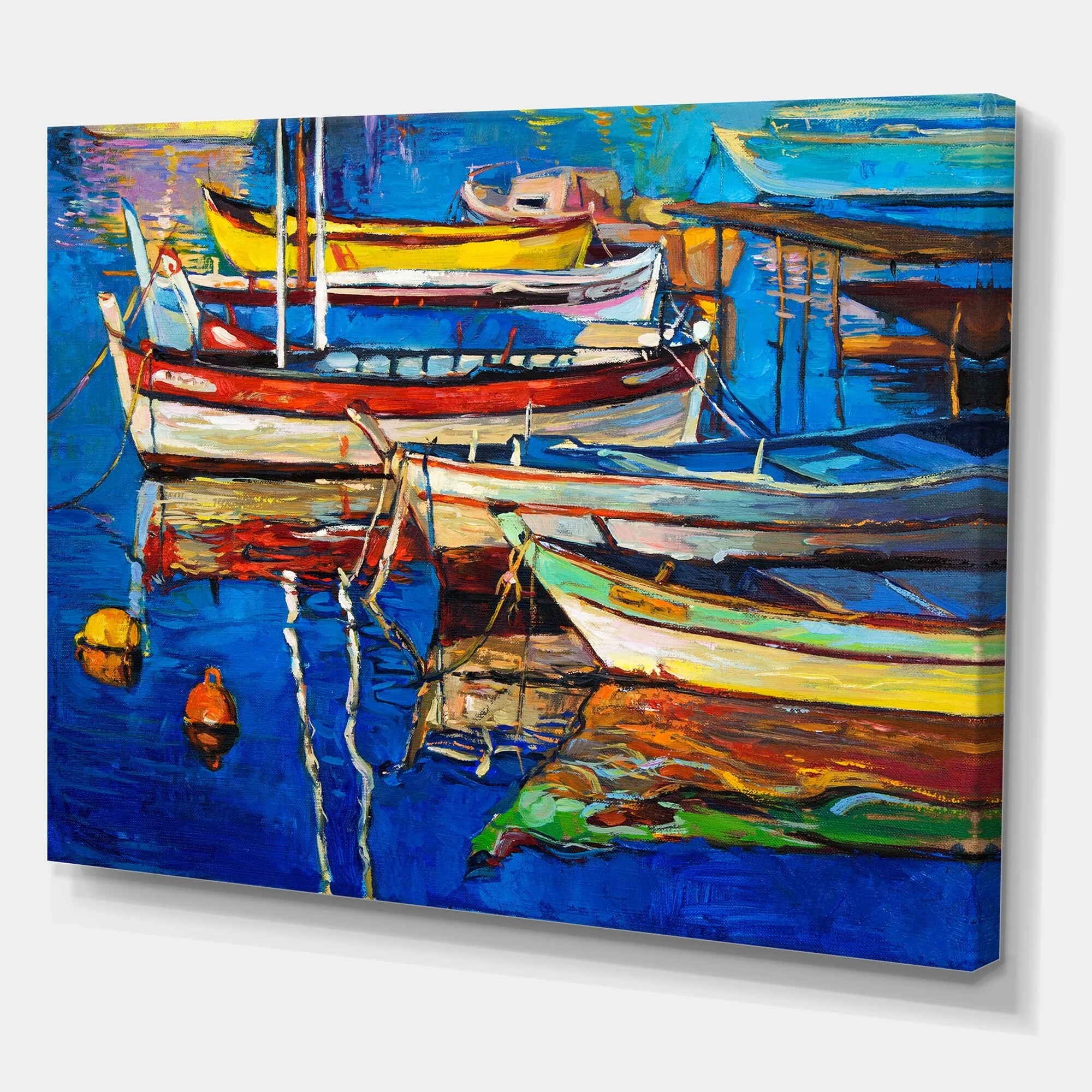 DESIGN ART Designart "Boats Resting On The Water Near Coastal Town II" Nautical & Coastal Canvas Wall Art Print 12 in. wide x 8 in. high