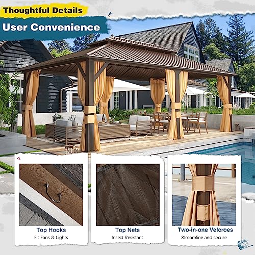 MELLCOM 10'x13' Hardtop Gazebo with Polycarbonate Double Roof, Aluminum Frame Outdoor Gazebo Permanent Pavilion with Curtains and Netting for Patio