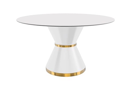 LeisureMod Modern Dining Table with a Round Glass or Sintered Stone Tabletop in White Steel Seats 6-10 for Home and Kitchen Qorvus Collection