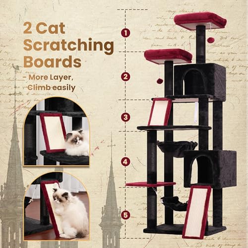 Cat Tree for Indoor Cats, 71'' (180cm) Multi-Level Cat Tower for Large Adult, Sturdy Cat Tree House with 2 Scratching Boards 7 Posts