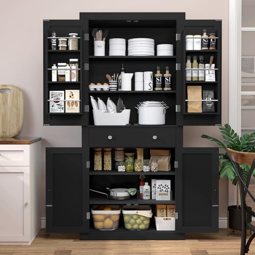 72” Pantry Cabinet, Kitchen Pantry Cabinet with 6 Doors Shelves & 1 Drawer, Kitchen Cabinets with 4 Door for Dinging Room, Living Room, White