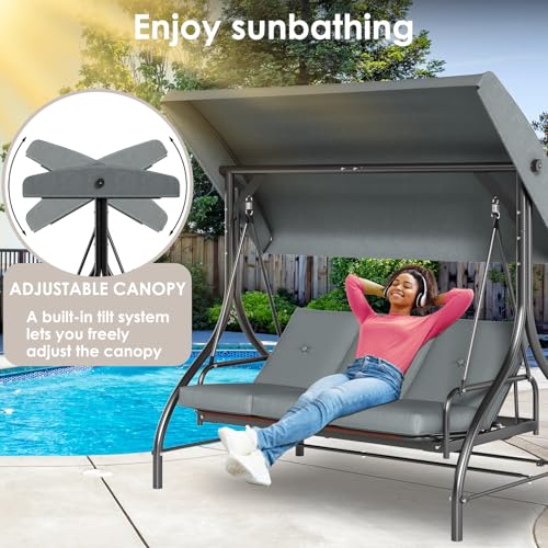 TLSUNNY 3-Seat Outdoor Patio Porch Swing with Adjustable Canopy & Backrest, Convertible Glider Bed with Stand, Removable Seat Cushion
