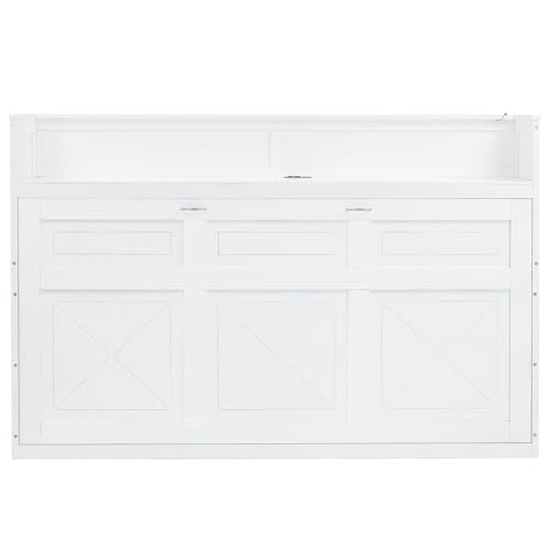 Queen Size Farmhouse Murphy Bed Cabinet with Charging Station, Foldable Platform Bed Frame with 2 Storage Drawers