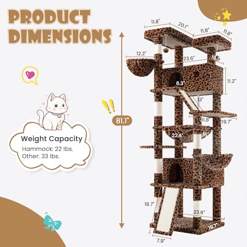 SHA CERLIN 81in Multi-Level Tall Cat Tree Tower for Indoor Kitties/Larger Cat Condo Furniture with Hammock/Cozy Pussycat Perches/Sisal Scratching