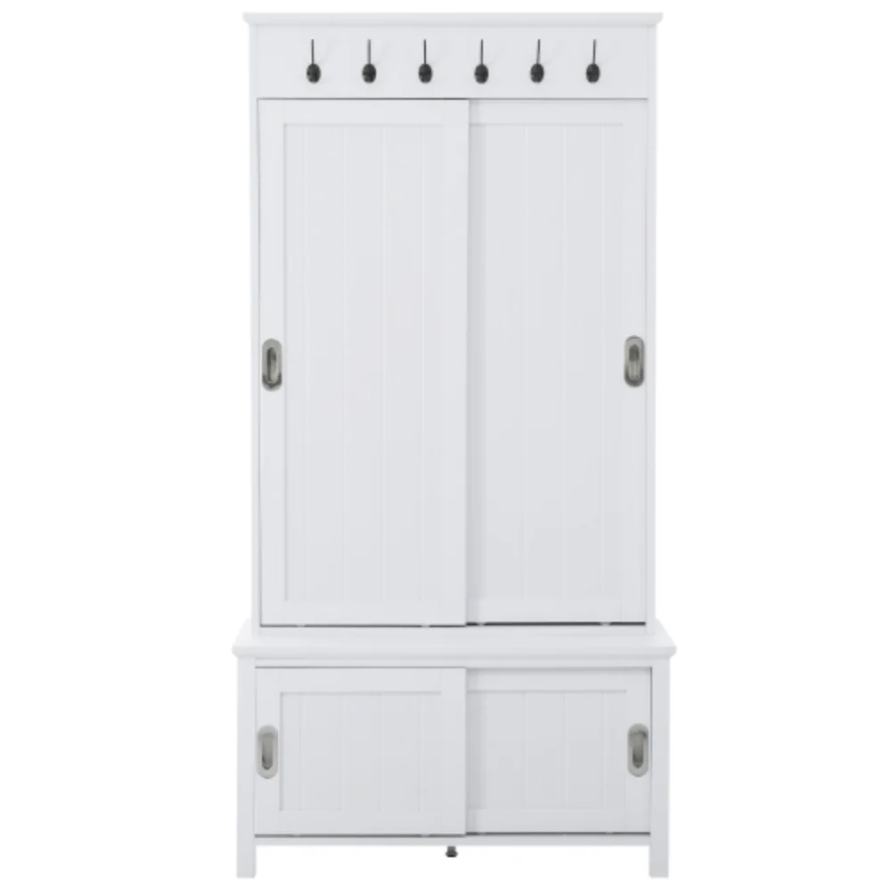 Multifunctional Hall Tree with Sliding Doors, Wooden Hallway Shoe Cabinet with Storage Bench and Shelves
