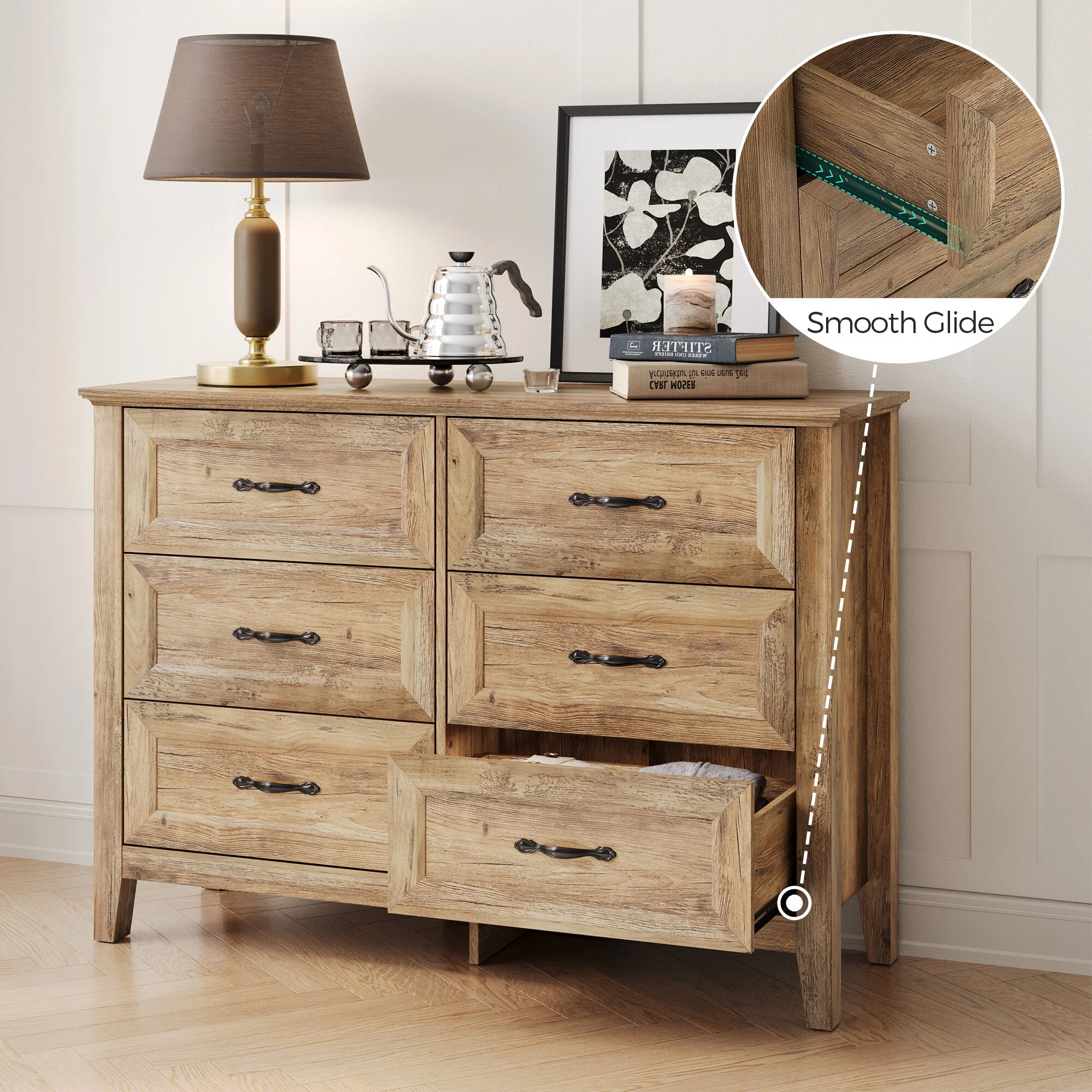 Linsy Home Dresser for Bedroom, 6 Drawer Storage Organizer Tall Wide Double Dressers for Living Room Bedroom Hallway Rustic Oak
