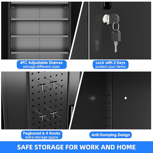 Garage Storage Cabinet with Wheels & Pegboard, 72" H Locking Metal Storage Cabinet with Doors and 4 Adjustable Shelves for Garage Workshop Home