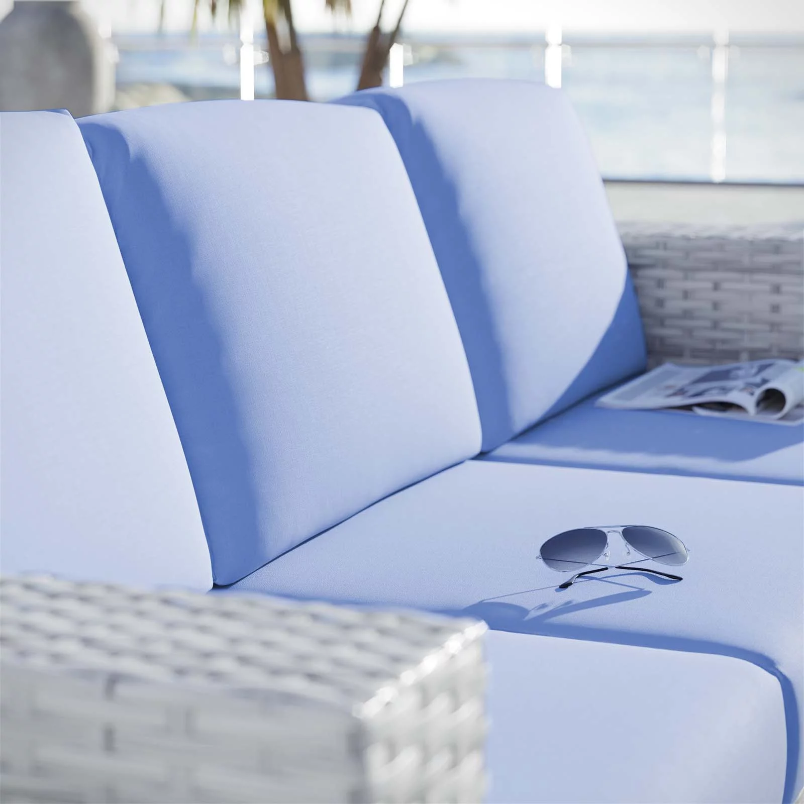 Lounge Sofa, Rattan, Wicker, Light Grey Gray Light Blue, Modern Contemporary Urban Design