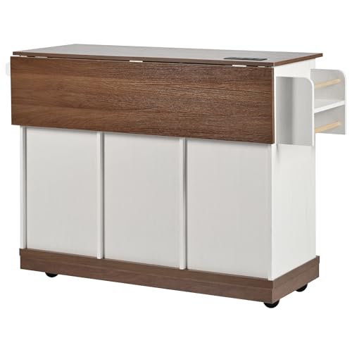 Farmhouse Kitchen Island with Power Outlet, Drop Leaf, Spice Rack and Drawer,Rolling Kitchen Cart on Wheels