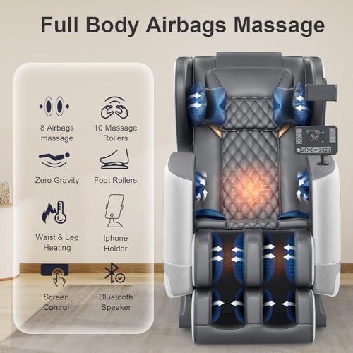 2025 Massage Chair Full Body, Zero Gravity Massage Chair with 10 Fix Rollers, Heating, Foot Massage, Auto Modes, Bluetooth Speaker