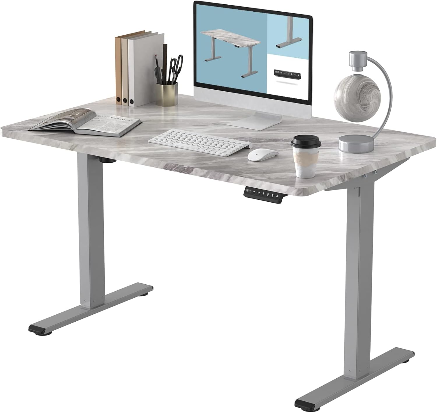 FLEXISPOT EN1 Electric Height Adjustable Desk 55 x 28 Inches Whole-Piece Standing Desk Home Office Sit Stand Up Desk Primo(Gray Frame +55 inch White