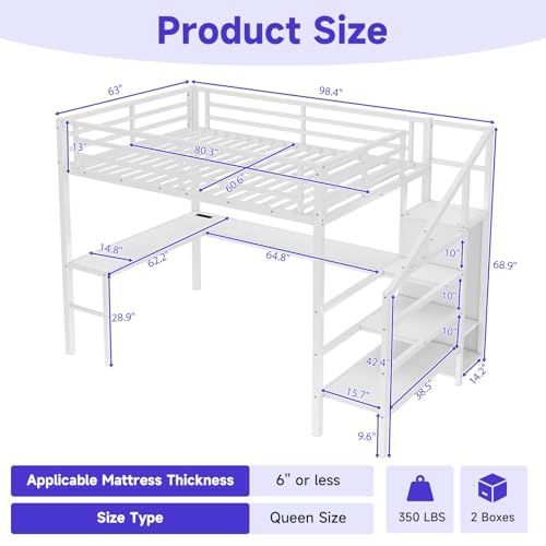 Full Size Metal Loft Bed Heavy-Duty Loft Bed Frame, LED Loft Bed Frame with L Shaped Desk, Wardrobe, Storage Stairs