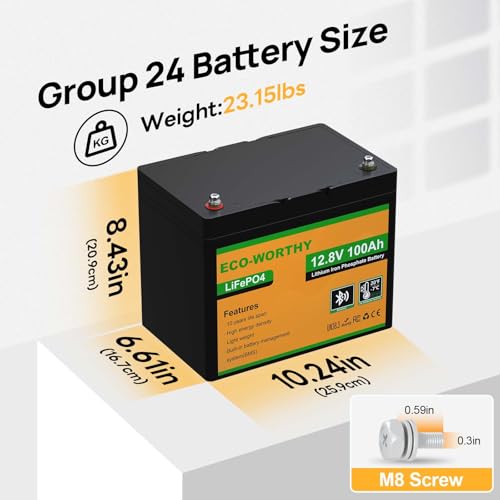 ECO-WORTHY 12V 100AH LiFePO4 Lithium Battery with Bluetooth, Max.1280Wh Energy, Low Temperature Protection, Group 24, Built-in 100A BMS