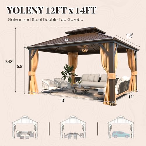 YOLENY 10' x 12' Hardtop Gazebo, Metal Gazebo with Aluminum Frame, Double Galvanized Steel Roof, Curtains and Netting Included