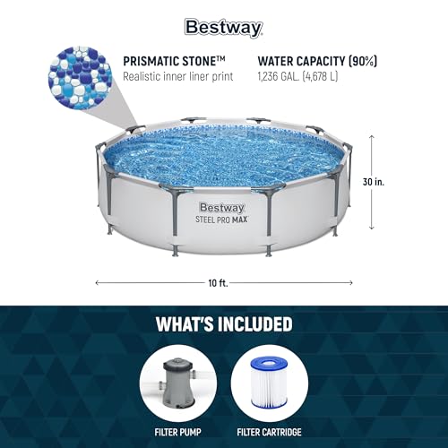 Bestway Steel Pro MAX 12 Foot by 30 Inch Round Above Ground Swimming Pool Set Outdoor Metal Frame Family Pool with Filter Pump, Gray
